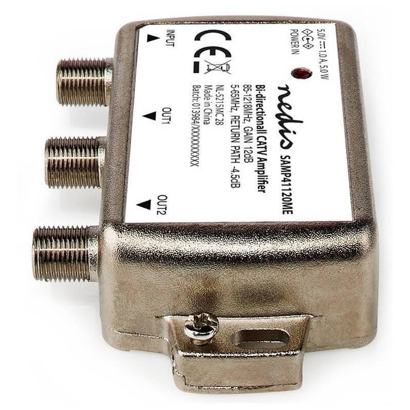 Zesilovač Nedis CATV, Max. zesílení 9 dB, 85-1218 MHz, 2 výstupy, zpětný kanál - 4,5 dB, 5-65 MHz, konektor F