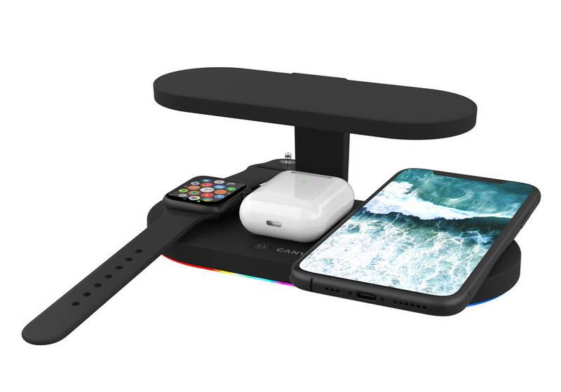 Bezdrátová nabíječka Canyon 5v1 pro telefon, Apple Watch, Airpods, 1x USB, UV lampa černá