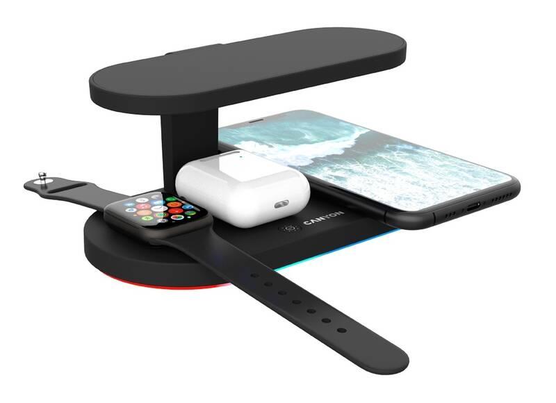 Bezdrátová nabíječka Canyon 5v1 pro telefon, Apple Watch, Airpods, 1x USB, UV lampa černá