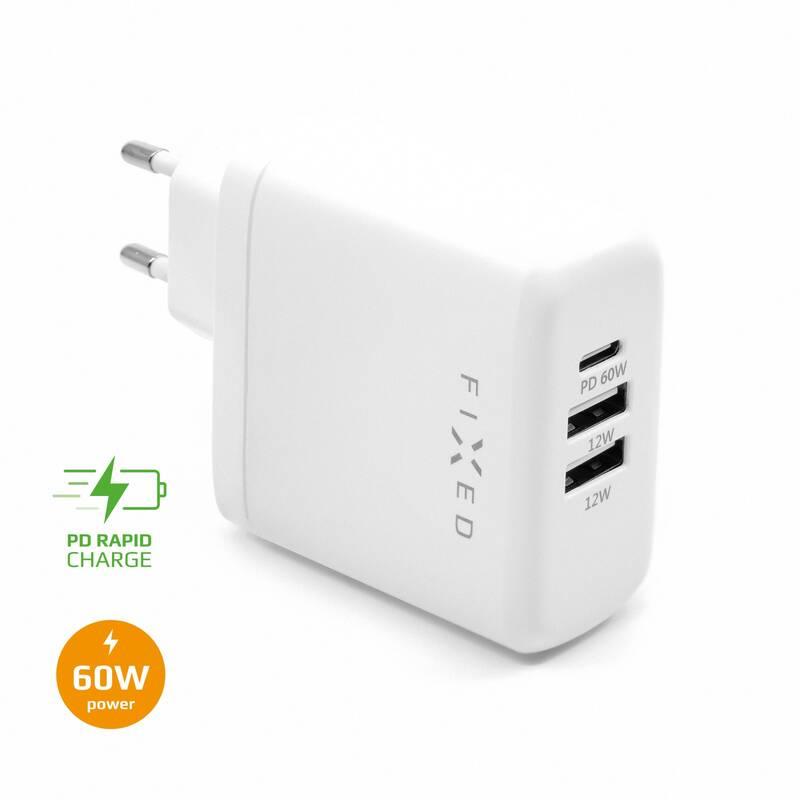 Nabíječka do sítě FIXED 2x USB, USB-C PD, 60W bílá, Nabíječka, do, sítě, FIXED, 2x, USB, USB-C, PD, 60W, bílá