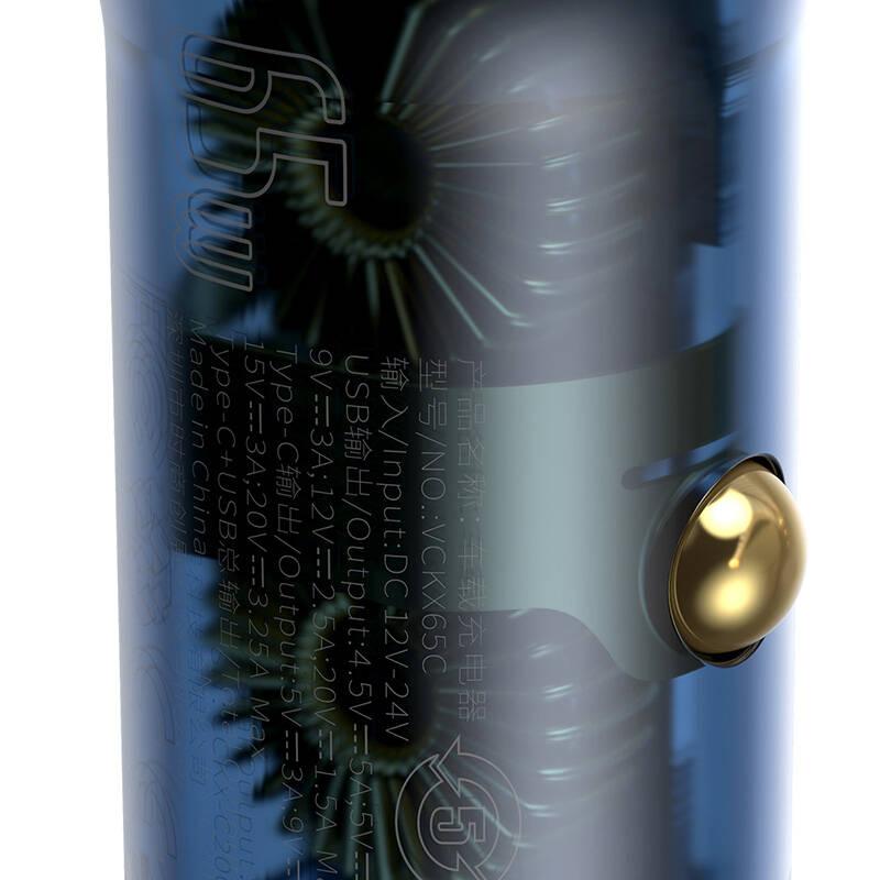 Adaptér do auta Baseus 1x USB, 1x USB-C, 65W šedý