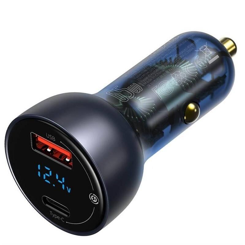Adaptér do auta Baseus 1x USB, 1x USB-C, 65W USB-C kabel 1m šedý