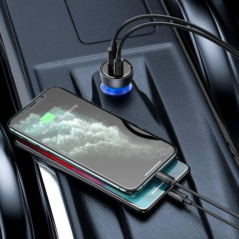 Adaptér do auta Baseus 1x USB, 1x USB-C, 65W USB-C kabel 1m šedý