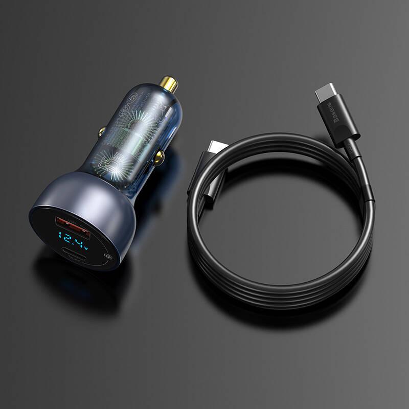 Adaptér do auta Baseus 1x USB, 1x USB-C, 65W USB-C kabel 1m šedý