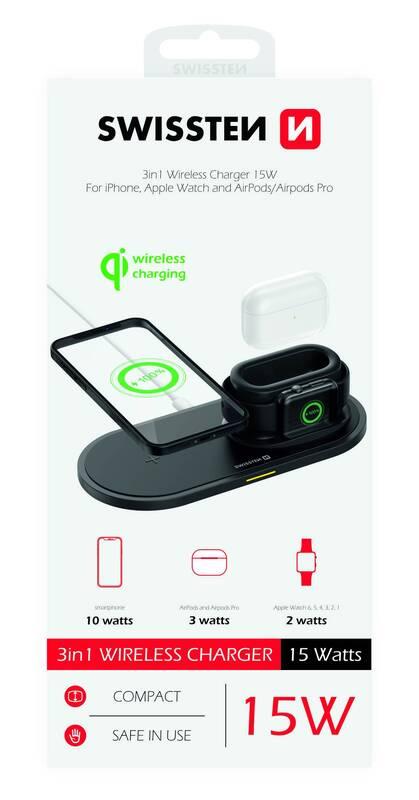 Bezdrátová nabíječka Swissten 3v1, pro iPhone, Apple Watch, Apple Airpods Pro, 15W černá