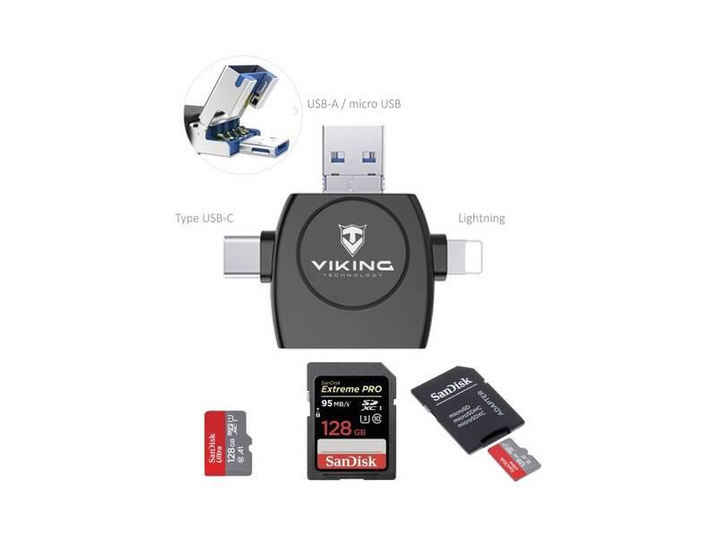 Čtečka paměťových karet Viking SD, Micro SD 4v1, OTG, s koncovkou Lightning Micro USB USB 3.0 USB-C černá