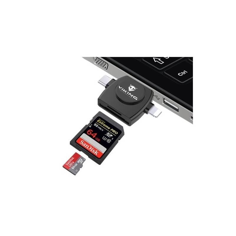 Čtečka paměťových karet Viking SD, Micro SD 4v1, OTG, s koncovkou Lightning Micro USB USB 3.0 USB-C černá