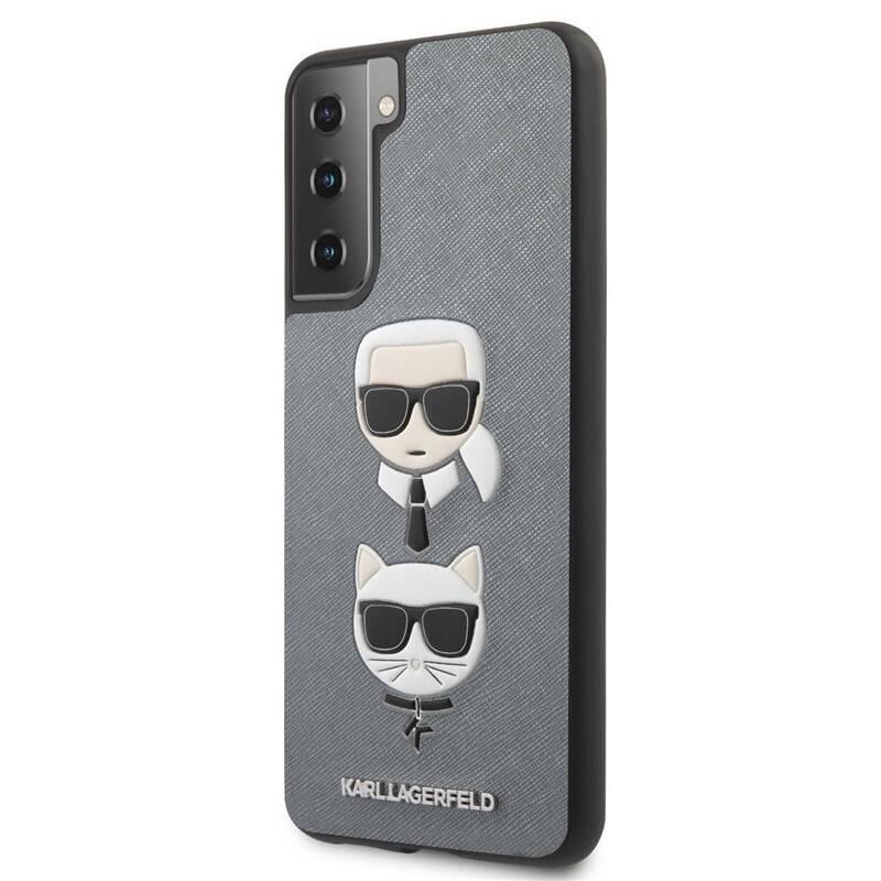Kryt na mobil Karl Lagerfeld Saffiano K&C Heads na Samsung Galaxy S21 5G stříbrný