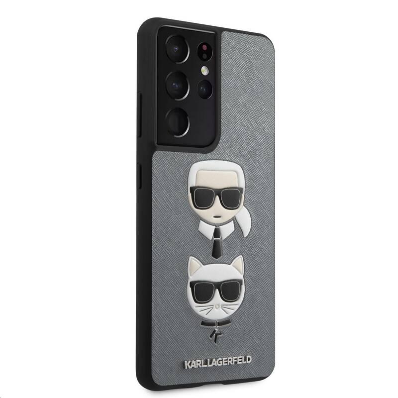 Kryt na mobil Karl Lagerfeld Saffiano K&C Heads na Samsung Galaxy S21 Ultra 5G stříbrný