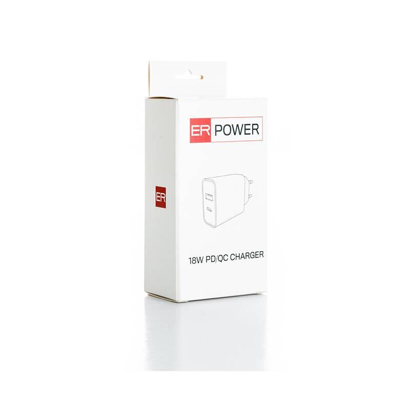 Nabíječka do sítě ER Power 18W USB-C PD, USB-A QC 3.0 bílá