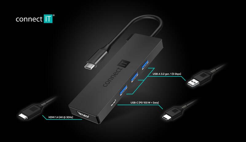 USB Hub Connect IT USB-C 3x USB 3.2, HDMI, USB-C PD 100W šedý