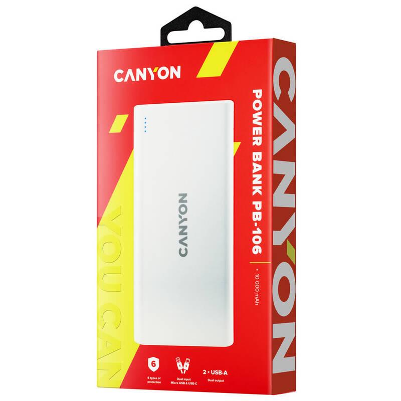 Powerbank Canyon 10000 mAh, Micro USB USB-C bílá
