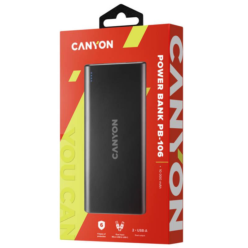 Powerbank Canyon 10000 mAh, Micro USB USB-C černá