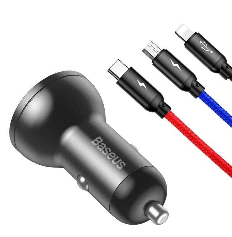 Adaptér do auta Baseus Digital Display 2xUSB 3v1 kabel 1,2m černý