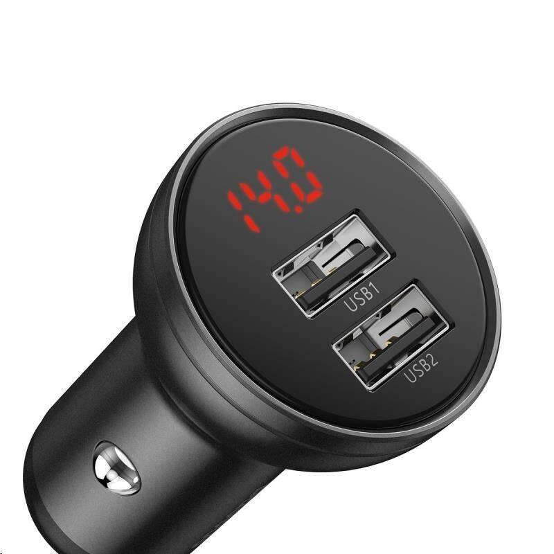 Adaptér do auta Baseus Digital Display 2xUSB 3v1 kabel 1,2m černý