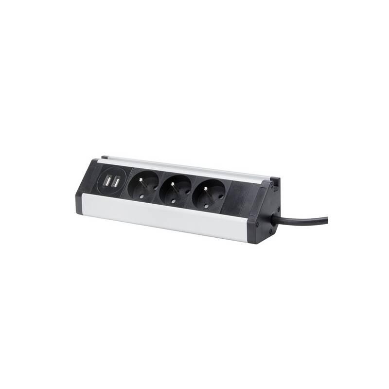 Kabel prodlužovací Solight 3x zásuvka, 2x USB, rohový design, 1,5m stříbrný
