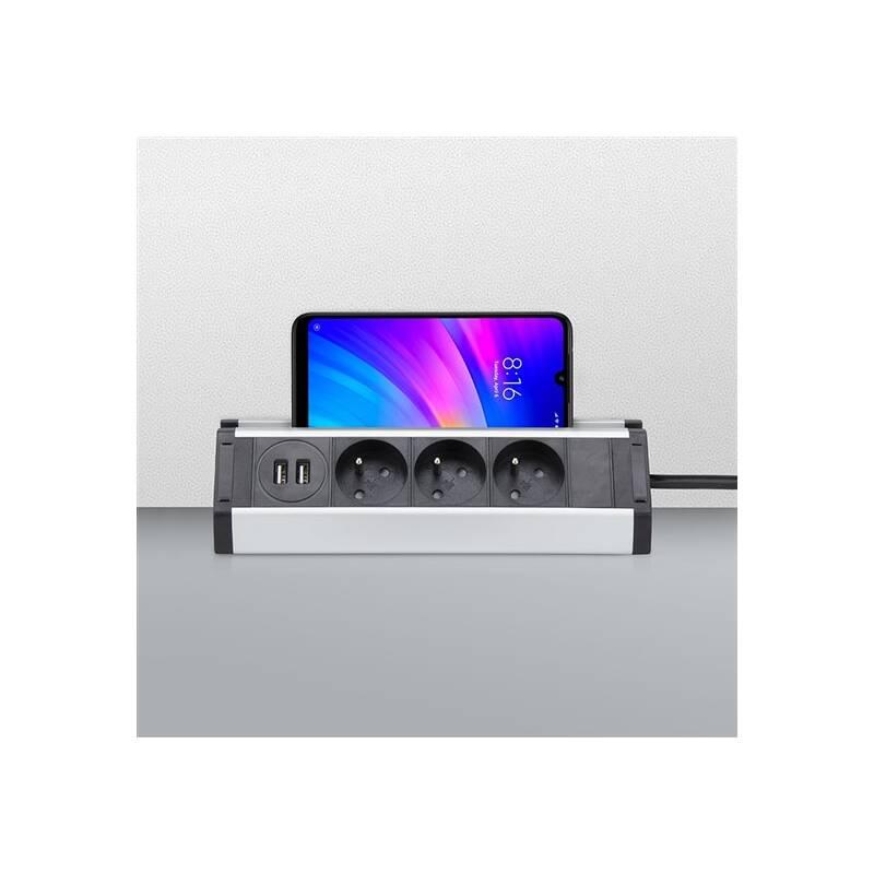 Kabel prodlužovací Solight 3x zásuvka, 2x USB, rohový design, 1,5m stříbrný, Kabel, prodlužovací, Solight, 3x, zásuvka, 2x, USB, rohový, design, 1,5m, stříbrný
