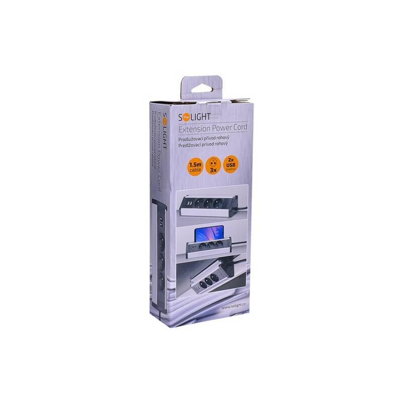 Kabel prodlužovací Solight 3x zásuvka, 2x USB, rohový design, 1,5m stříbrný