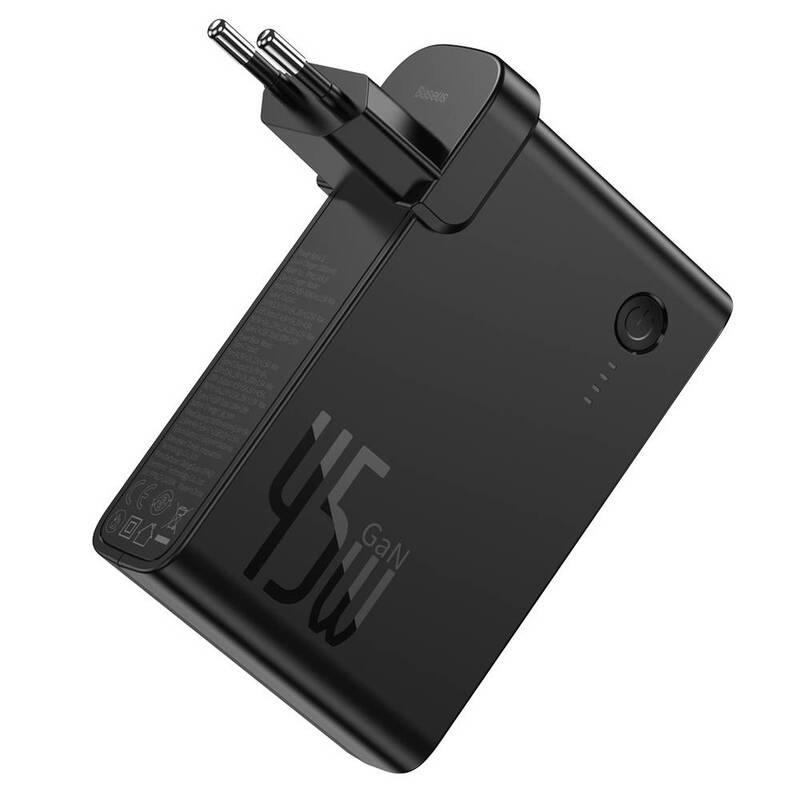 Nabíječka do sítě Baseus Power Station GaN 2v1 QC USB, USB-C a powerbanka 10000mAh 45W USB-C kabel 1m černá
