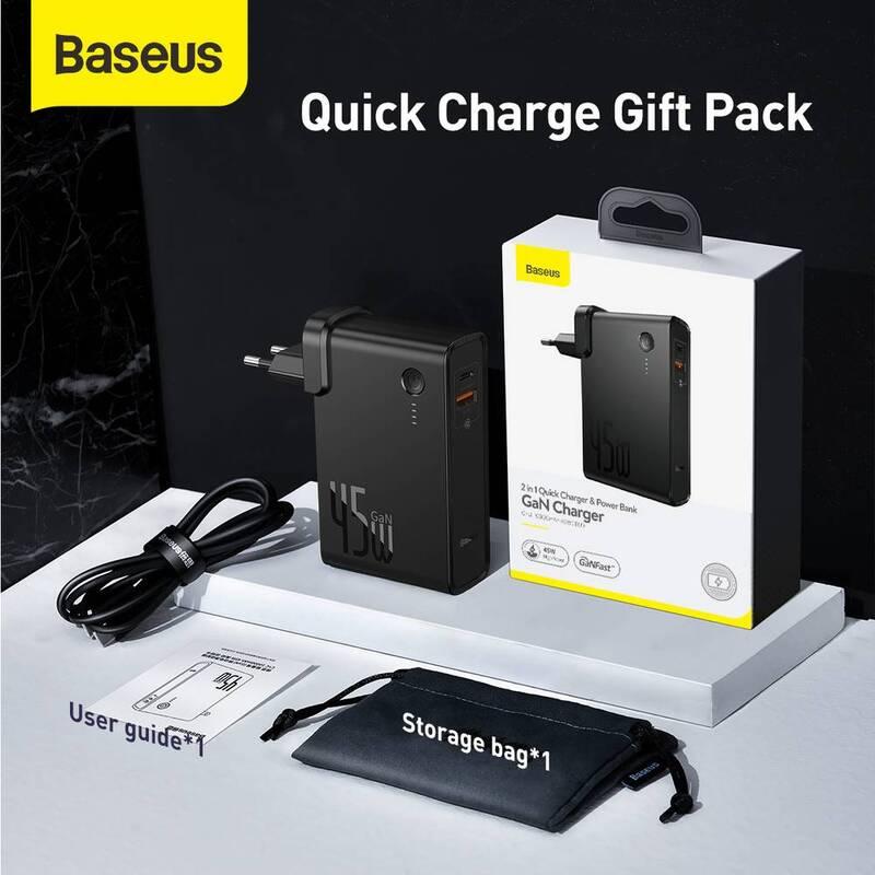 Nabíječka do sítě Baseus Power Station GaN 2v1 QC USB, USB-C a powerbanka 10000mAh 45W USB-C kabel 1m černá