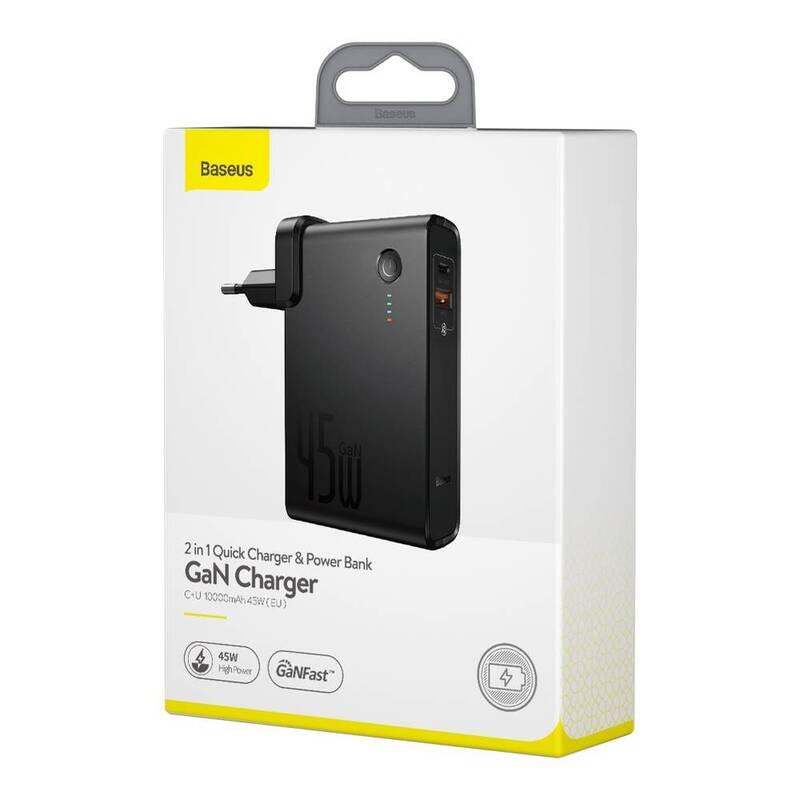 Nabíječka do sítě Baseus Power Station GaN 2v1 QC USB, USB-C a powerbanka 10000mAh 45W USB-C kabel 1m černá