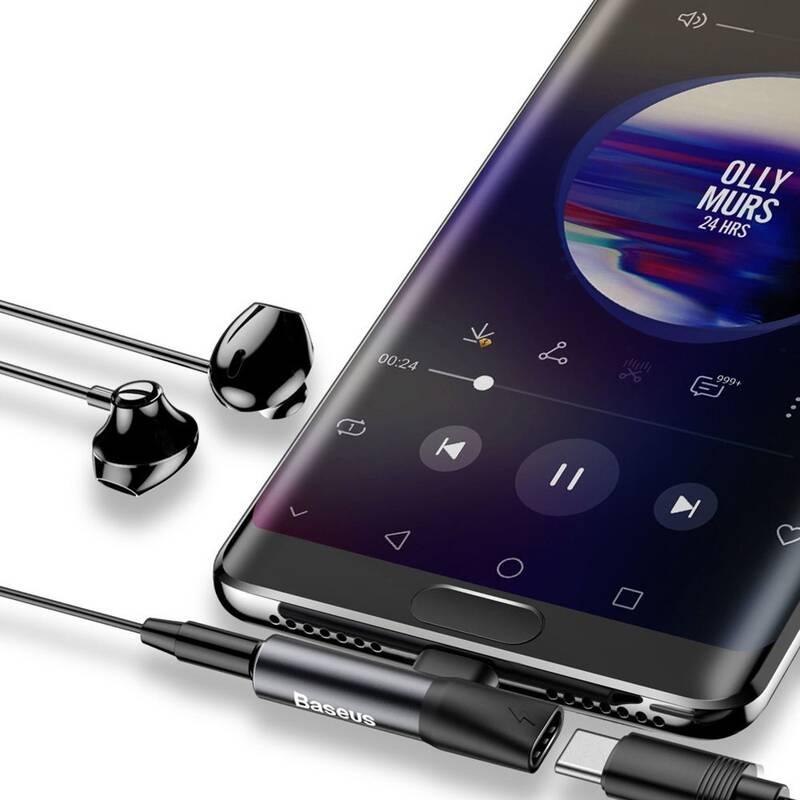 Redukce Baseus USB-C samec USB-C samice 3,5mm Jack samice stříbrná