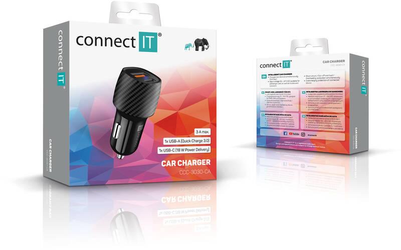 Adaptér do auta Connect IT InCarz QC 3.0, USB, USB-C PD carbon