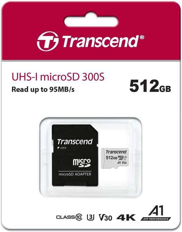 Paměťová karta Transcend 300S microSDXC 512GB UHS-I U3 V30 A1 adapter, Paměťová, karta, Transcend, 300S, microSDXC, 512GB, UHS-I, U3, V30, A1, adapter