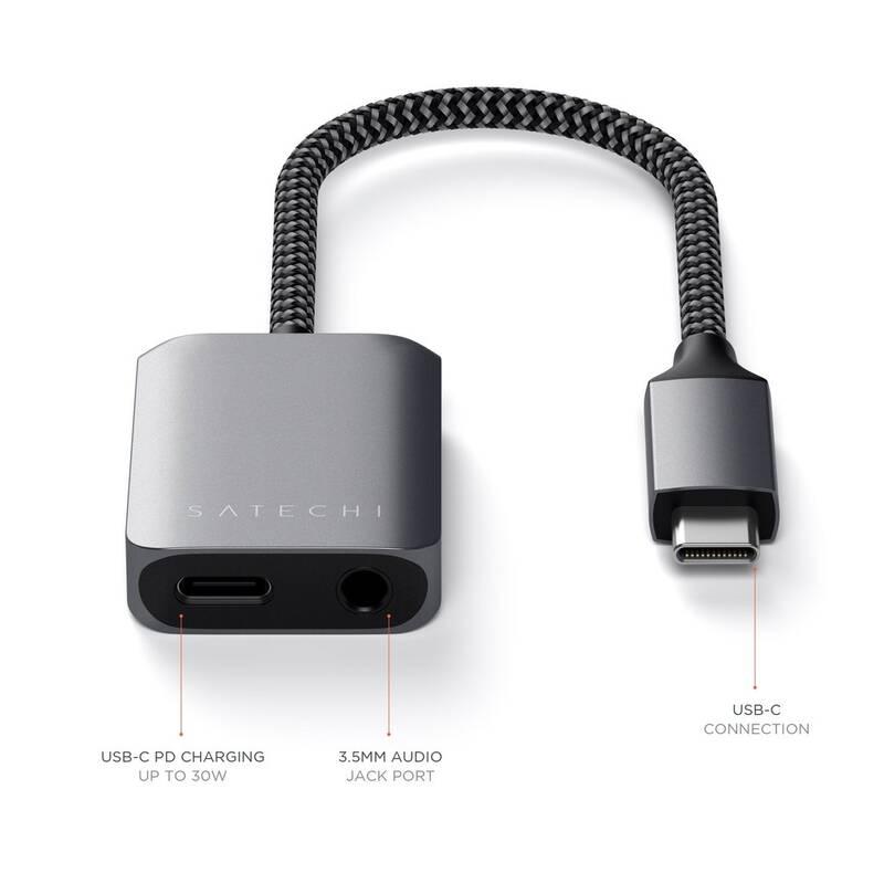 Redukce Satechi USB-C Jack 3.5mm, USB-C PD 30W šedá