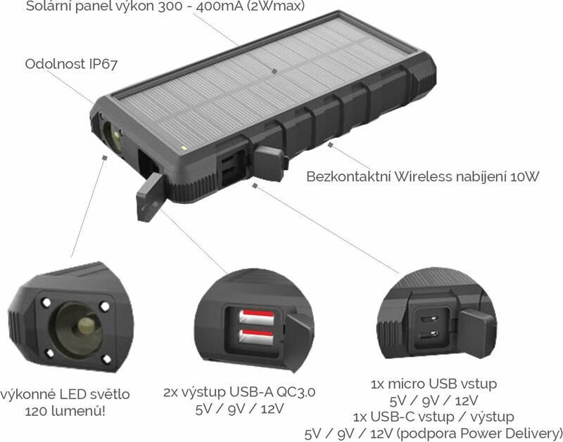 Powerbank Viking W24W 24000 mAh, solární outdoorová černá