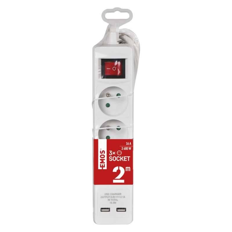 Kabel prodlužovací EMOS 2m, 3 zásuvky 2x USB bílý, Kabel, prodlužovací, EMOS, 2m, 3, zásuvky, 2x, USB, bílý
