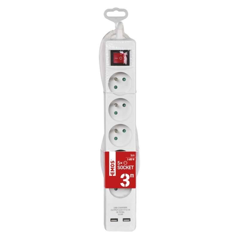 Kabel prodlužovací EMOS 3m, 5 zásuvky 2x USB bílý, Kabel, prodlužovací, EMOS, 3m, 5, zásuvky, 2x, USB, bílý