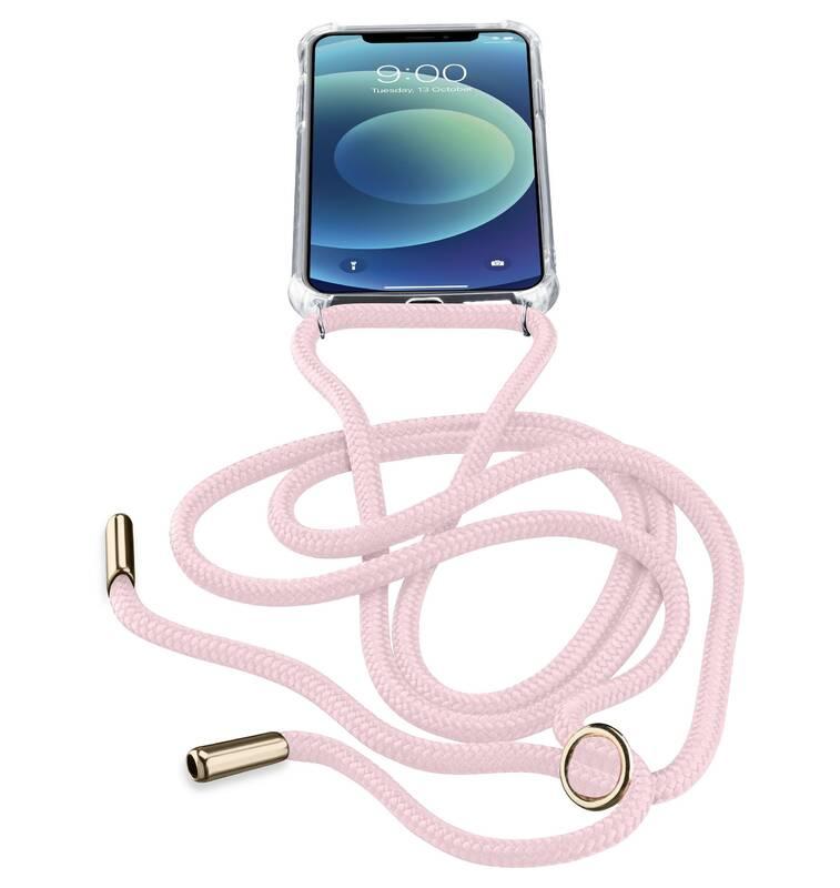 Kryt na mobil CellularLine Neck-Case s růžovou šňůrkou na krk na Apple iPhone 11 Pro průhledný
