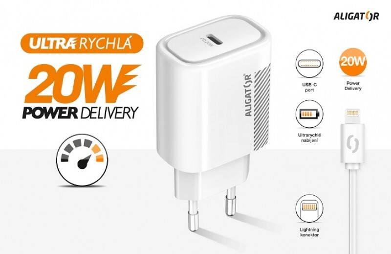 Nabíječka do sítě Aligator USB-C PD 20W Lightning kabel bílá