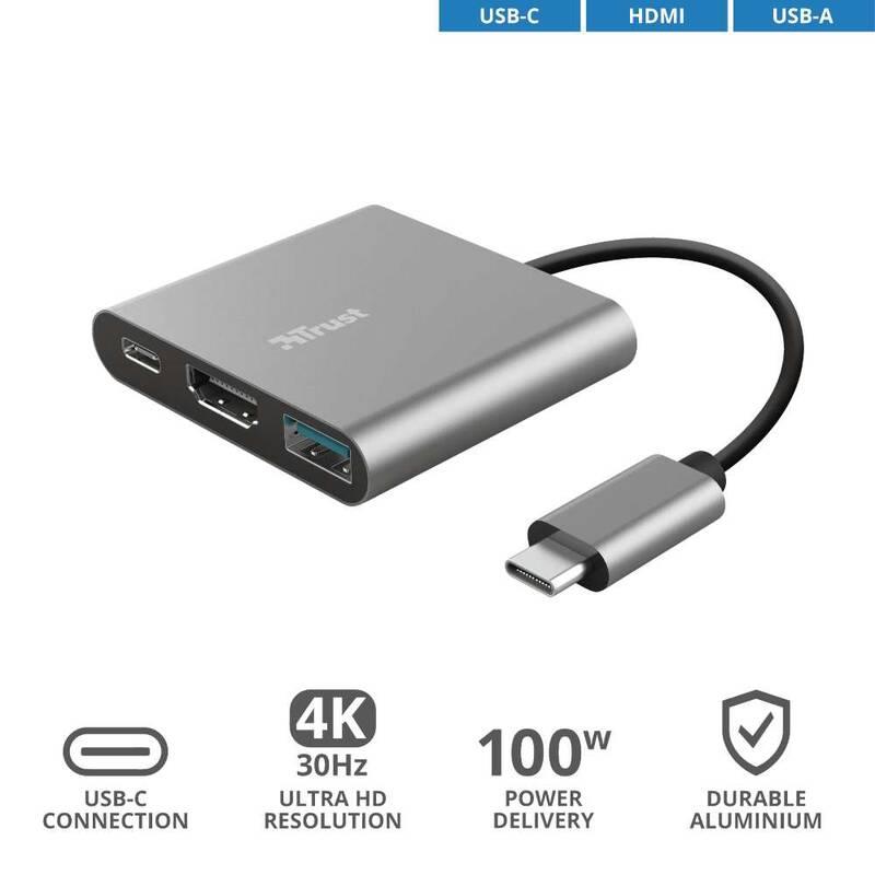 USB Hub Trust Dalyx 3v1 USB-C USB, HDMI, USB-C PD 100W šedý