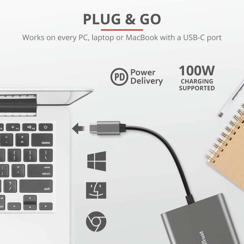 USB Hub Trust Dalyx 3v1 USB-C USB, HDMI, USB-C PD 100W šedý, USB, Hub, Trust, Dalyx, 3v1, USB-C, USB, HDMI, USB-C, PD, 100W, šedý