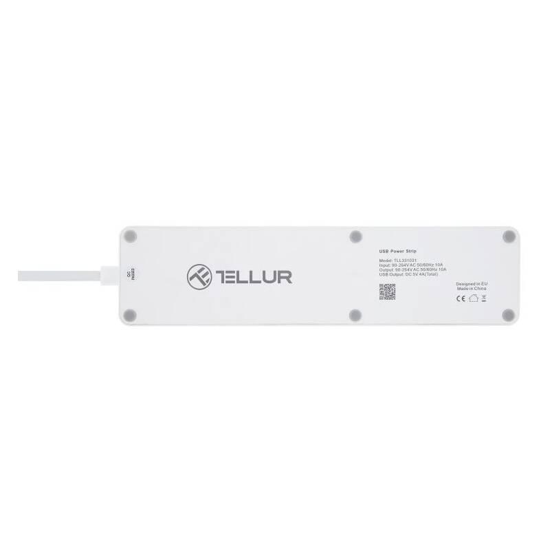 Kabel prodlužovací Tellur WiFi Smart Power Strip, 3x zásuvka, 4x USB 4A, 2200W, 10A, 1.8m bílý