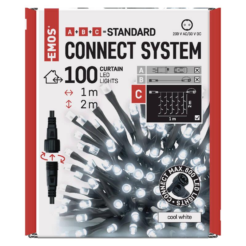 Spojovací řetěz EMOS 100 LED Standard - záclona, 1x2 m, venkovní, studená bílá, časovač, Spojovací, řetěz, EMOS, 100, LED, Standard, záclona, 1x2, m, venkovní, studená, bílá, časovač