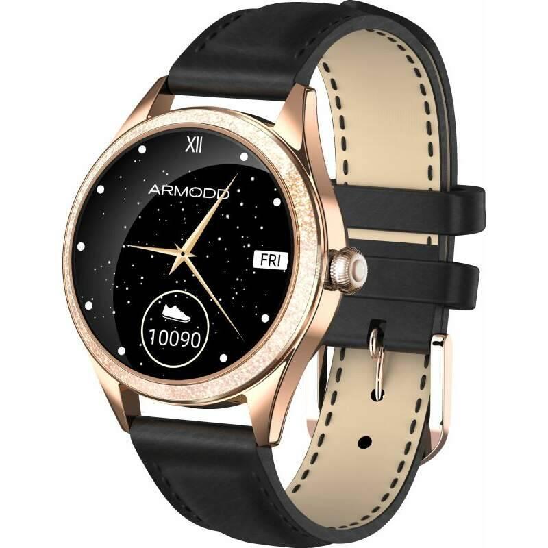 Chytré hodinky ARMODD Candywatch Crystal 2 zlatá s černým koženým řemínkem