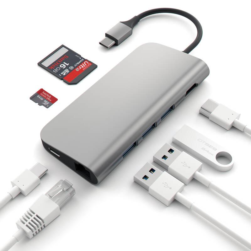 USB Hub Satechi Aluminium USB-C HDMI, 3x USB 3.0, USB-C, RJ45, SD, Micro SD šedý