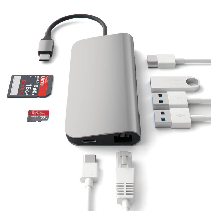 USB Hub Satechi Aluminium USB-C HDMI, 3x USB 3.0, USB-C, RJ45, SD, Micro SD šedý