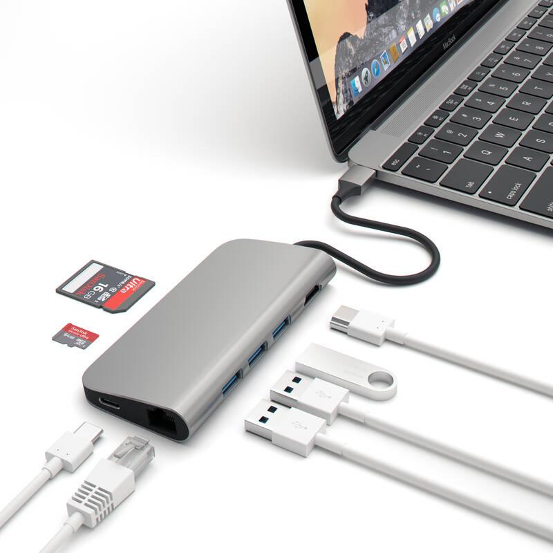 USB Hub Satechi Aluminium USB-C HDMI, 3x USB 3.0, USB-C, RJ45, SD, Micro SD šedý