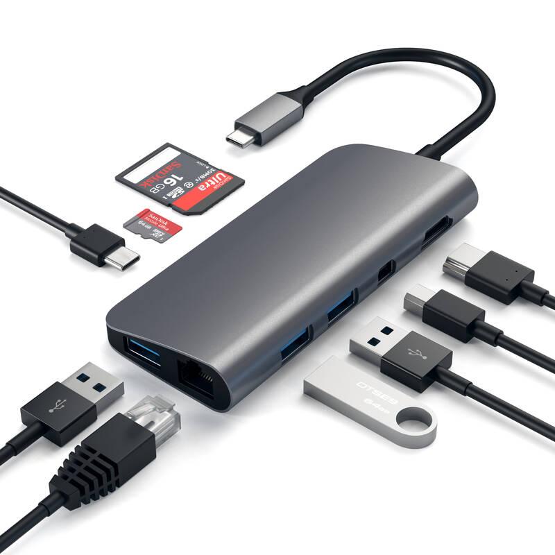 USB Hub Satechi Aluminium USB-C HDMI, USB-C, RJ45, 3x USB 3.0, SD, Micro SD, Mini DP šedý