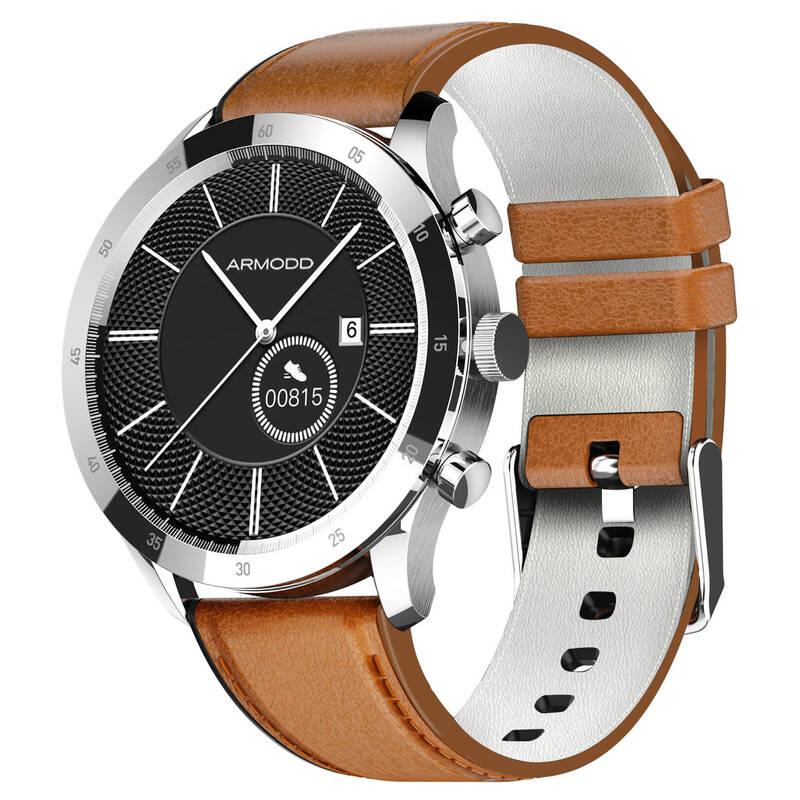 Chytré hodinky ARMODD Silentwatch 4 Lite - stříbrná s hnědým koženým řemínkem silikonový řemínek, Chytré, hodinky, ARMODD, Silentwatch, 4, Lite, stříbrná, s, hnědým, koženým, řemínkem, silikonový, řemínek