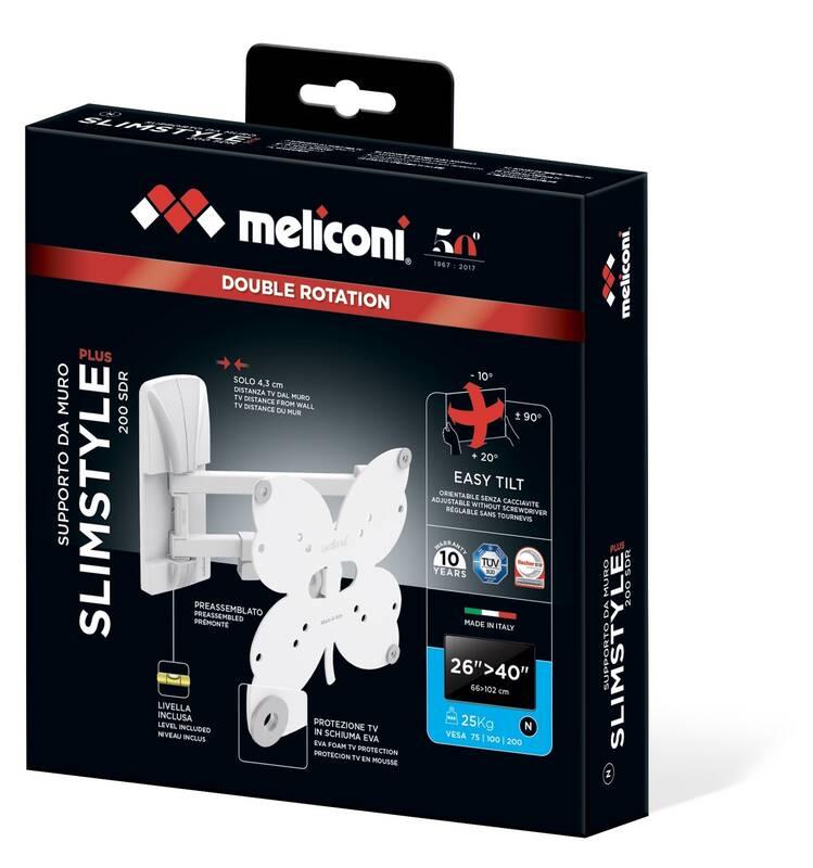 Držák TV Meliconi SlimStyle Plus 200 SDR, polohovatelný pro ůhlopříčky 26" do 40", nosnost 25 kg bílý