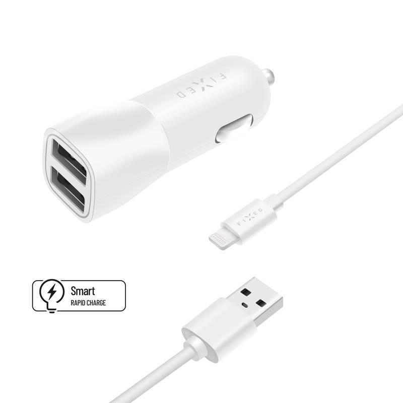 Adaptér do auta FIXED 2xUSB, 15W Smart Rapid Charge Lightning MFi kabel 1m bílý