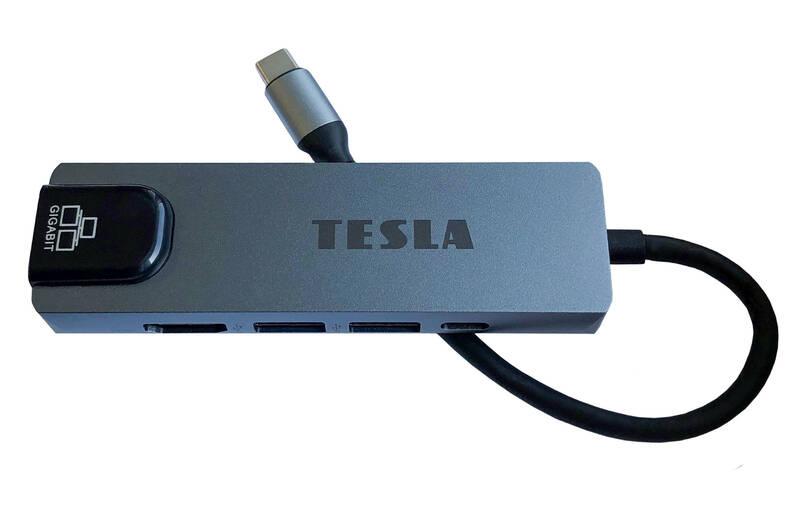 USB Hub Tesla Device MP80 5v1, USB-C 2x USB 3.0, USB-C, RJ45, HDMI stříbrný