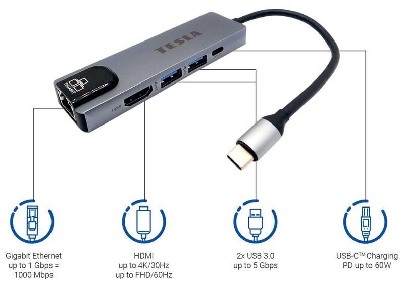 USB Hub Tesla Device MP80 5v1, USB-C 2x USB 3.0, USB-C, RJ45, HDMI stříbrný, USB, Hub, Tesla, Device, MP80, 5v1, USB-C, 2x, USB, 3.0, USB-C, RJ45, HDMI, stříbrný