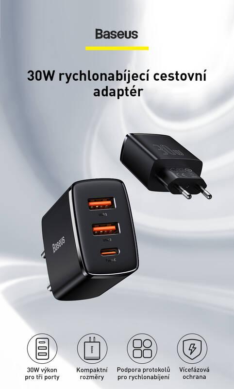 Nabíječka do sítě Baseus 2x USB-A, 1x USB-C, 30W černá