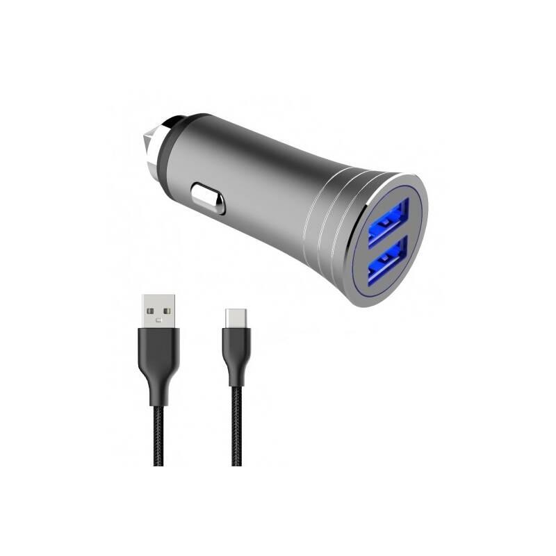 Adaptér do auta WG 2x USB QC 3.0 18 12W USB-C kabel 1m stříbrný šedý, Adaptér, do, auta, WG, 2x, USB, QC, 3.0, 18, 12W, USB-C, kabel, 1m, stříbrný, šedý